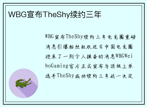 WBG宣布TheShy续约三年